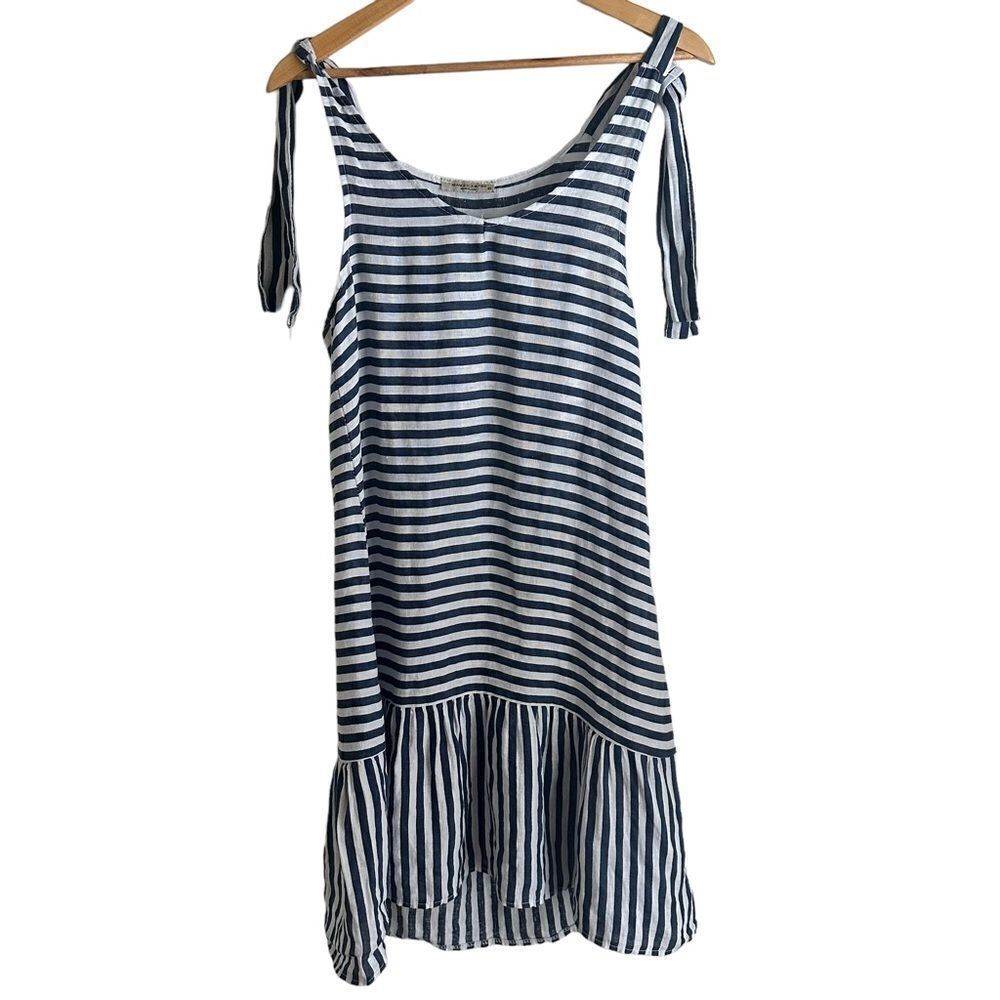 Francesca Bettini 100% Linen Blue and White Striped Loose Fit Sleeveless Dress